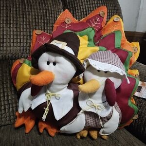 Harvest Thanksgiving Pillow Pilgrim Turkey Couple 19x17" Autumn Fall Decor Clean
